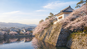 桜に包まれた城跡と堀の風景イラスト（大和郡山城のイメージ）