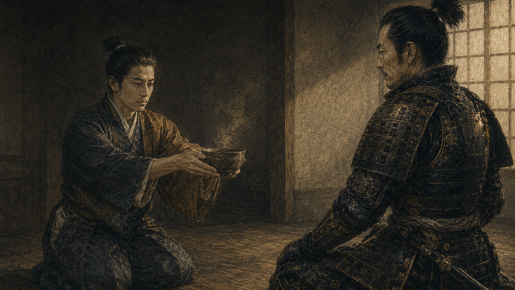 三献の茶の逸話を描いた絵画調イメージ。寺の小姓が鷹狩り帰りの羽柴秀吉に一杯の茶を差し出す、石田三成の運命の出会い。