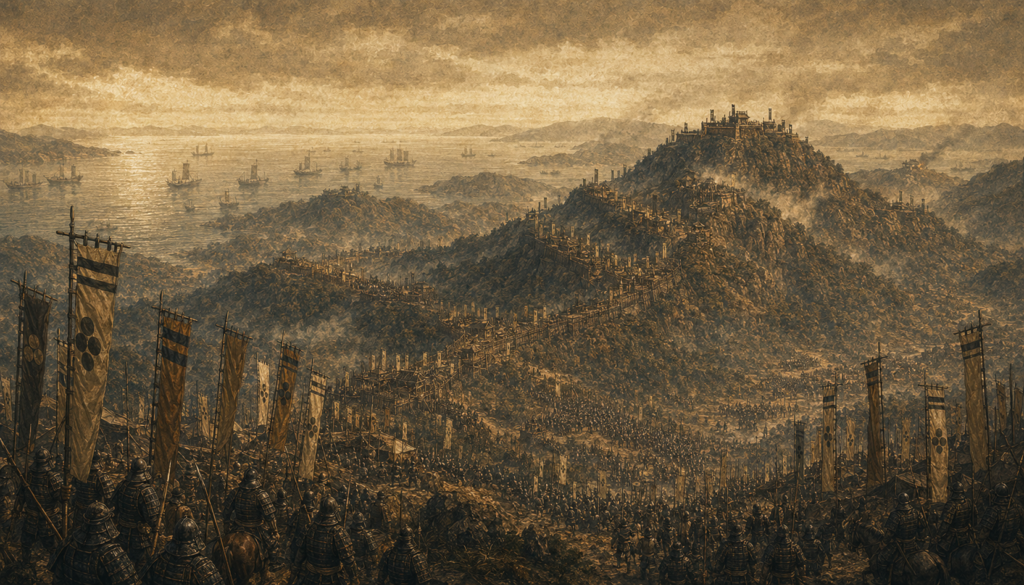 四国攻めを描いたイラスト。阿波の山城を大軍が包囲する俯瞰の光景と、遠景に瀬戸内の海と軍船。
