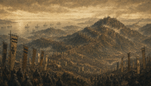 四国攻めを描いたイラスト。阿波の山城を大軍が包囲する俯瞰の光景と、遠景に瀬戸内の海と軍船。