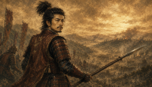前田利家を描いたイラスト。賤ヶ岳の戦場で槍を手に振り返る武将、遠景に燃える城と両軍の戦塵。友情と義理のはざまで下した決断。