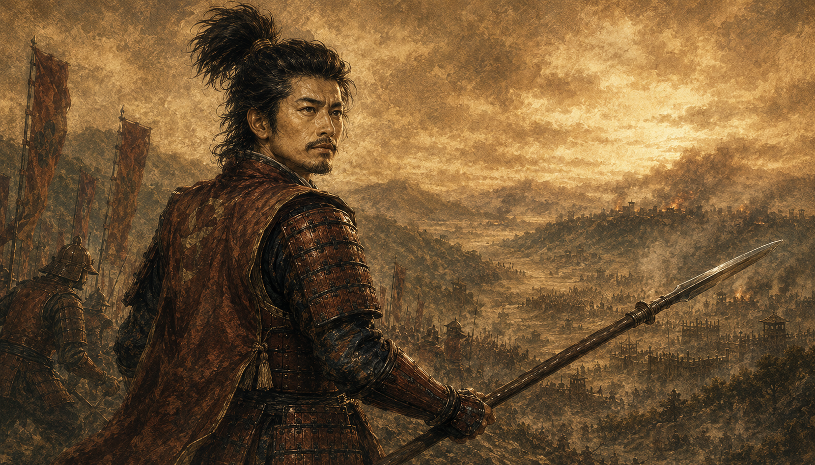 前田利家を描いたイラスト。賤ヶ岳の戦場で槍を手に振り返る武将、遠景に燃える城と両軍の戦塵。友情と義理のはざまで下した決断。