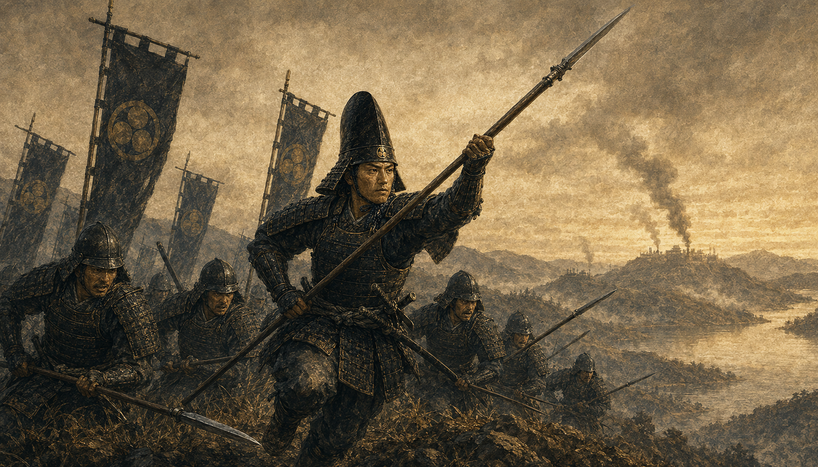 賤ヶ岳の戦いを描いたイラスト。山の稜線を槍を掲げて駆け上がる若武者たちと、遠景の余呉湖と砦の狼煙。