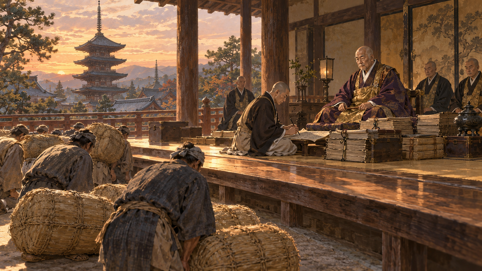 夕暮れの寺で高僧が年貢の俵を受け、書記僧が検地帳に記す