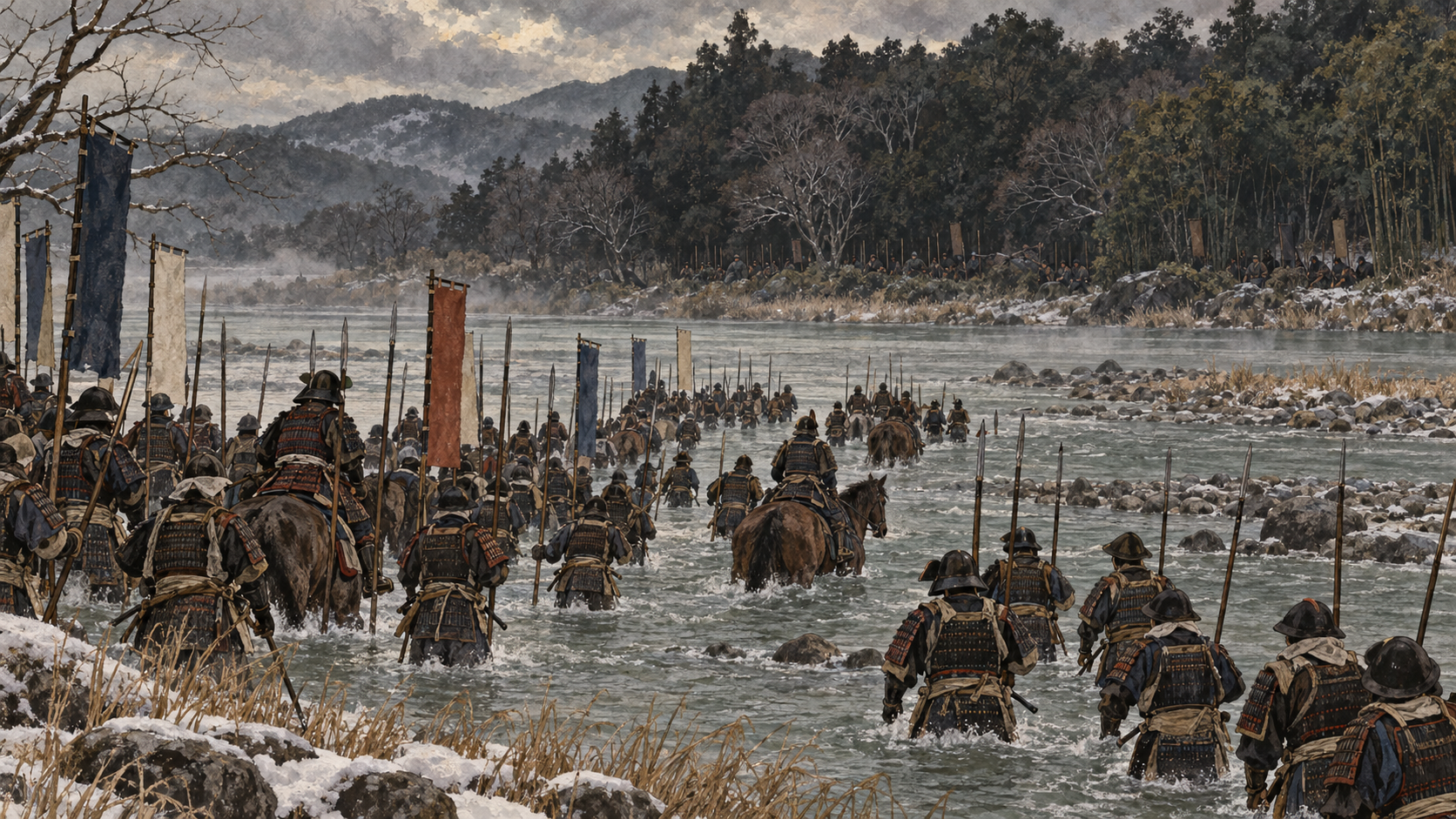 冬の戸次川を渡河して島津軍へ向かう四国勢