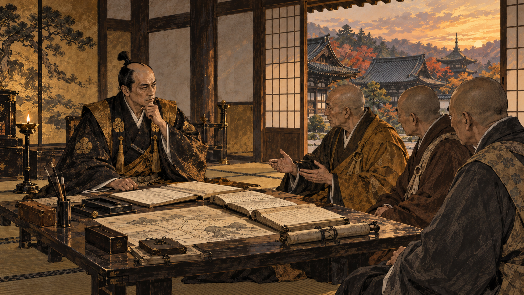 大和を拝領し寺社の僧たちと統治を協議する豊臣秀長