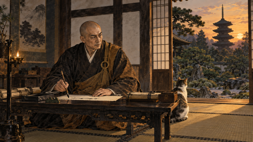 寺の書院で外交の書状に筆をとる禅僧と猫、五重塔の夕景（安国寺恵瓊）