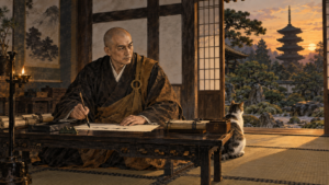 寺の書院で外交の書状に筆をとる禅僧と猫、五重塔の夕景（安国寺恵瓊）