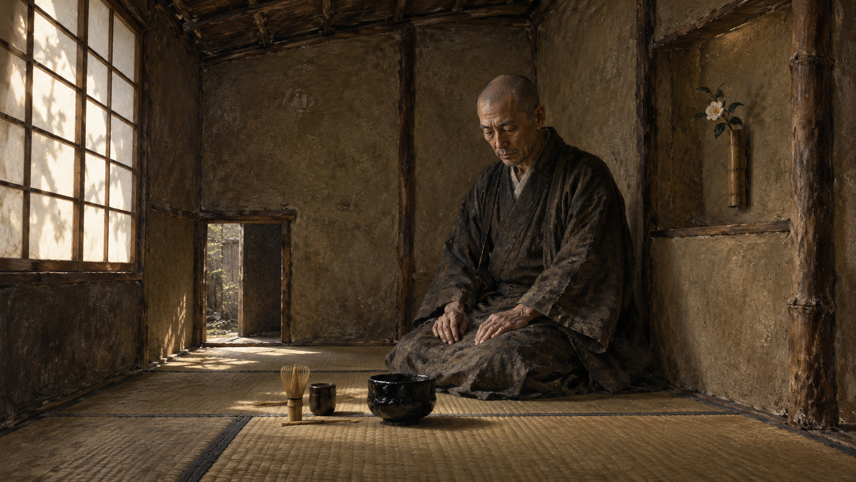 二畳の草庵茶室で黒楽茶碗を前にする千利休