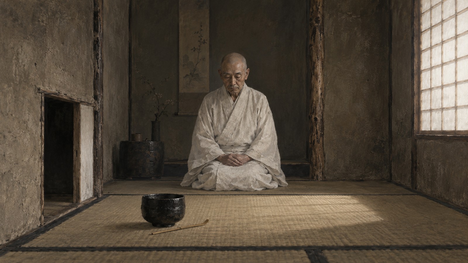 千利休 侘びた茶室で黒楽茶碗を前に静座する