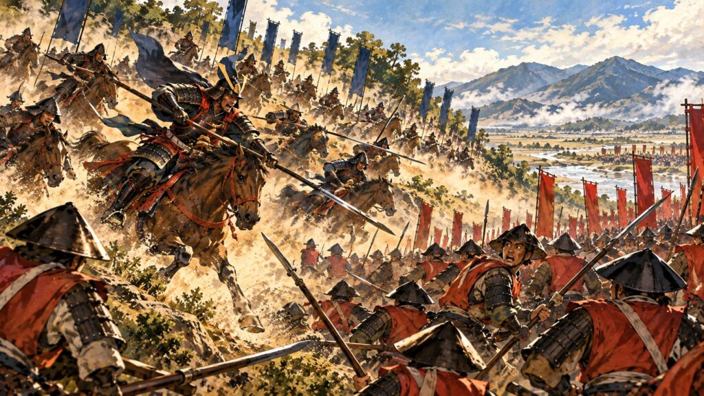 姉川の戦いで徳川軍が側面を突く場面のイラスト