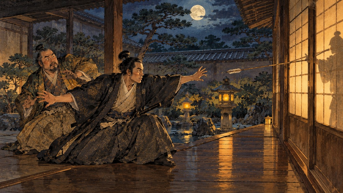 夜の武家屋敷の廊下で、放たれた矢から主客をかばおうとする武将のイメージイラスト