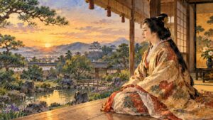 駿府城の縁側で西の空を見つめる旭姫（駿河御前）（イラスト）