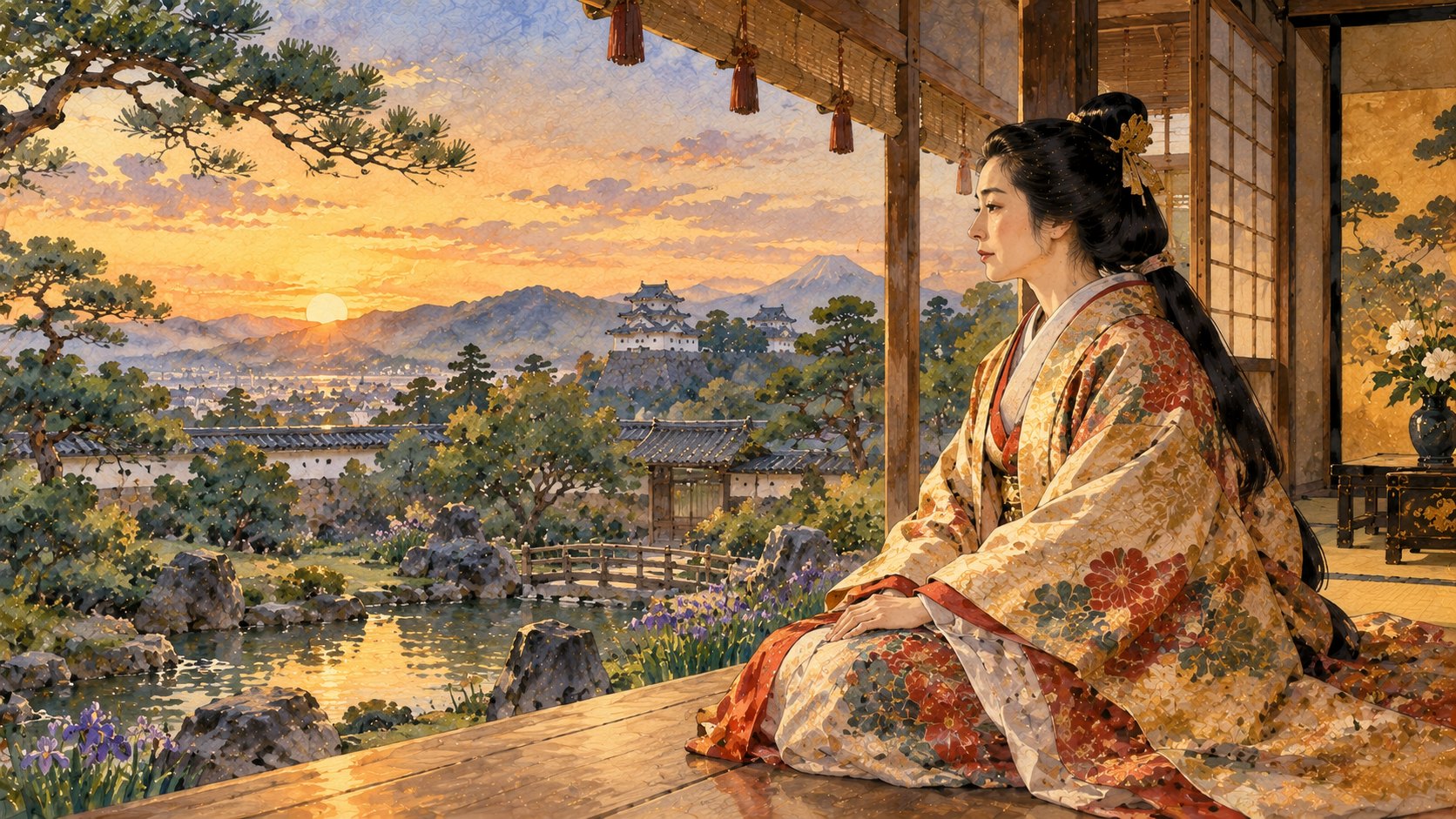 駿府城の縁側で西の空を見つめる旭姫（駿河御前）（イラスト）