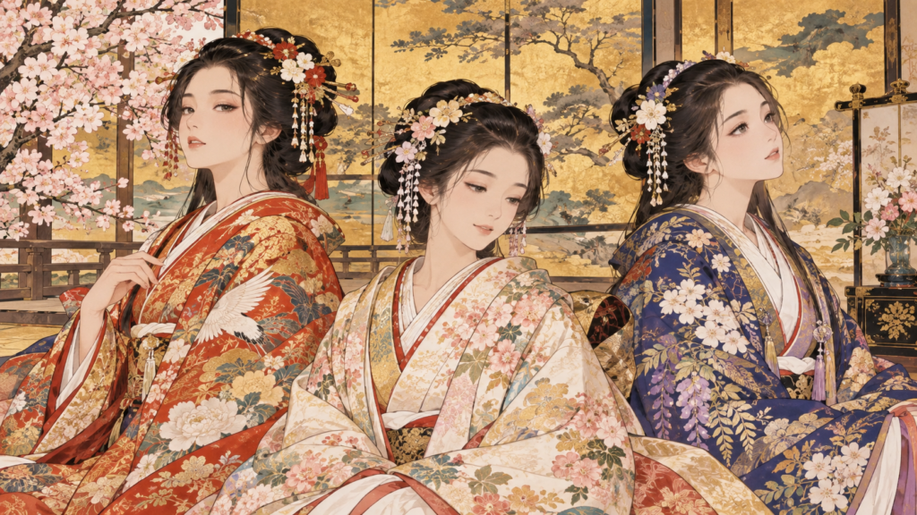 打掛姿で並ぶ浅井三姉妹（茶々・お初・お江）の日本画風イメージ