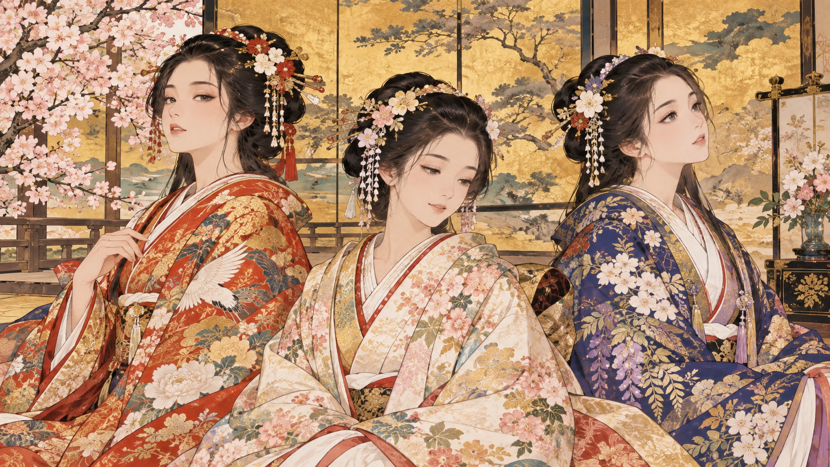 打掛姿で並ぶ浅井三姉妹(茶々・お初・お江)の日本画風イメージ