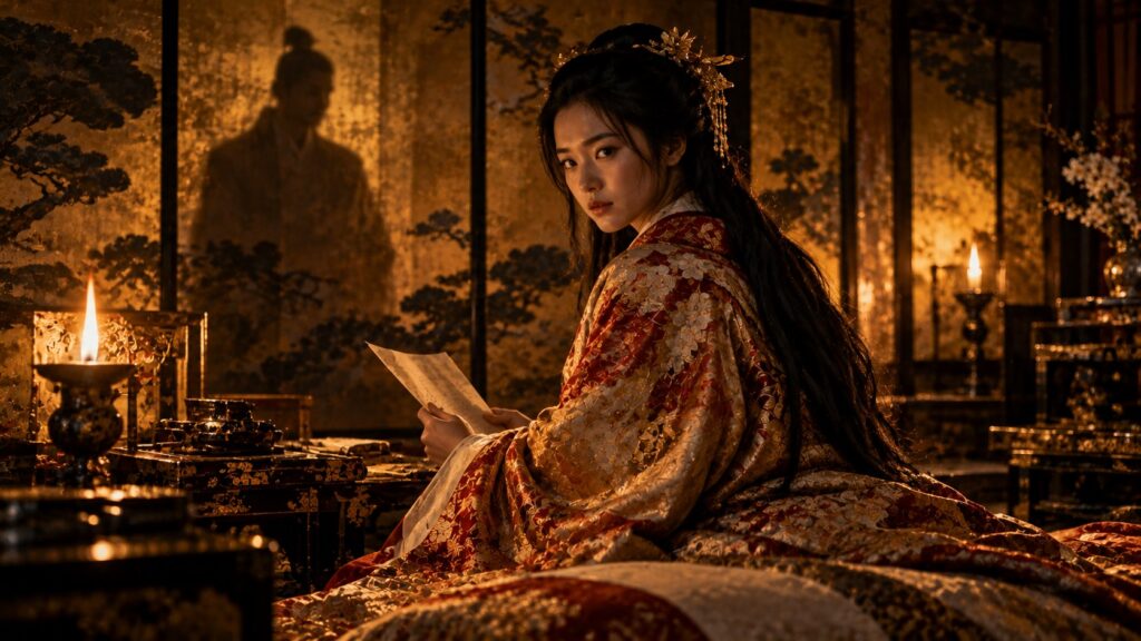 大坂城の奥御殿で書状を手にする茶々と、襖に映る男の影（イメージ）