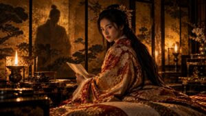 大坂城の奥御殿で書状を手にする茶々と、襖に映る男の影（イメージ）