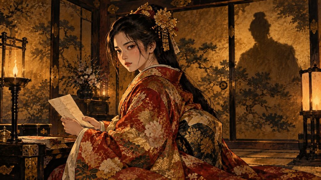 大坂城の奥御殿で書状を手にする茶々と、襖に映る男の影（イメージ）