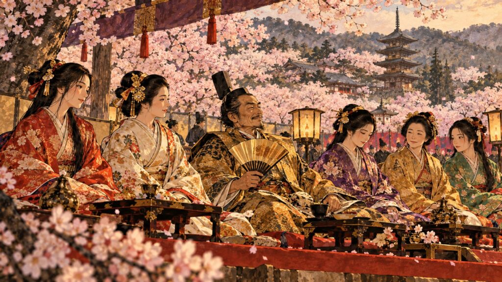 醍醐の花見で桜の下に並ぶ豊臣秀吉と正室・側室たち（イメージ）