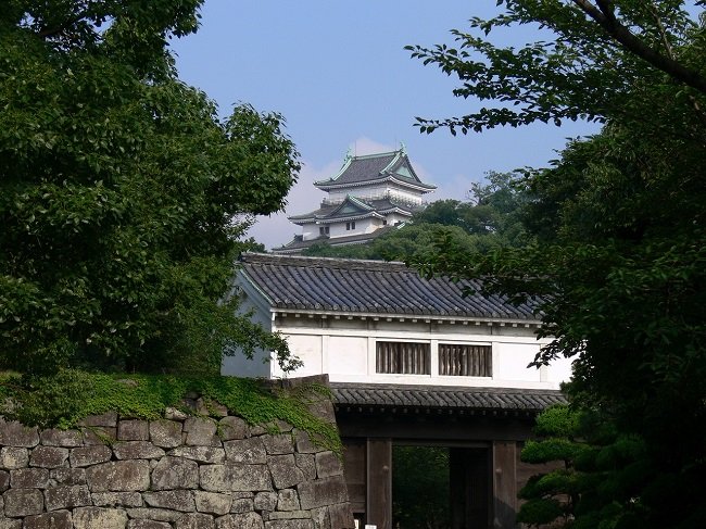 和歌山城の石垣と白壁の櫓、奥に天守