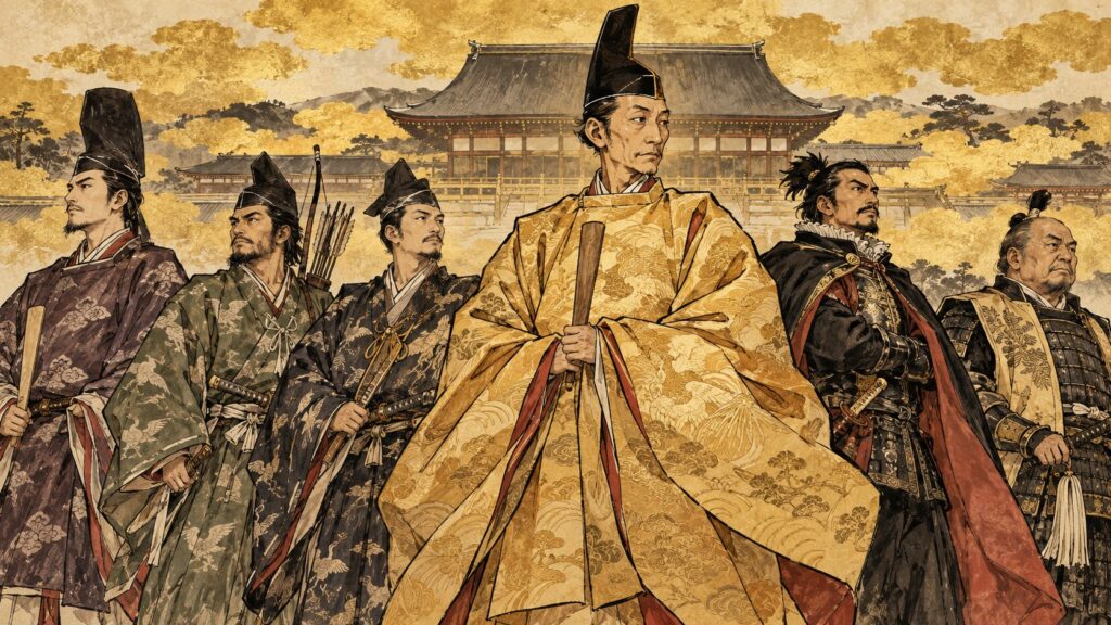 平清盛・源頼朝・足利将軍・織田信長・豊臣秀吉・徳川家康ら天下人の群像（イメージ）