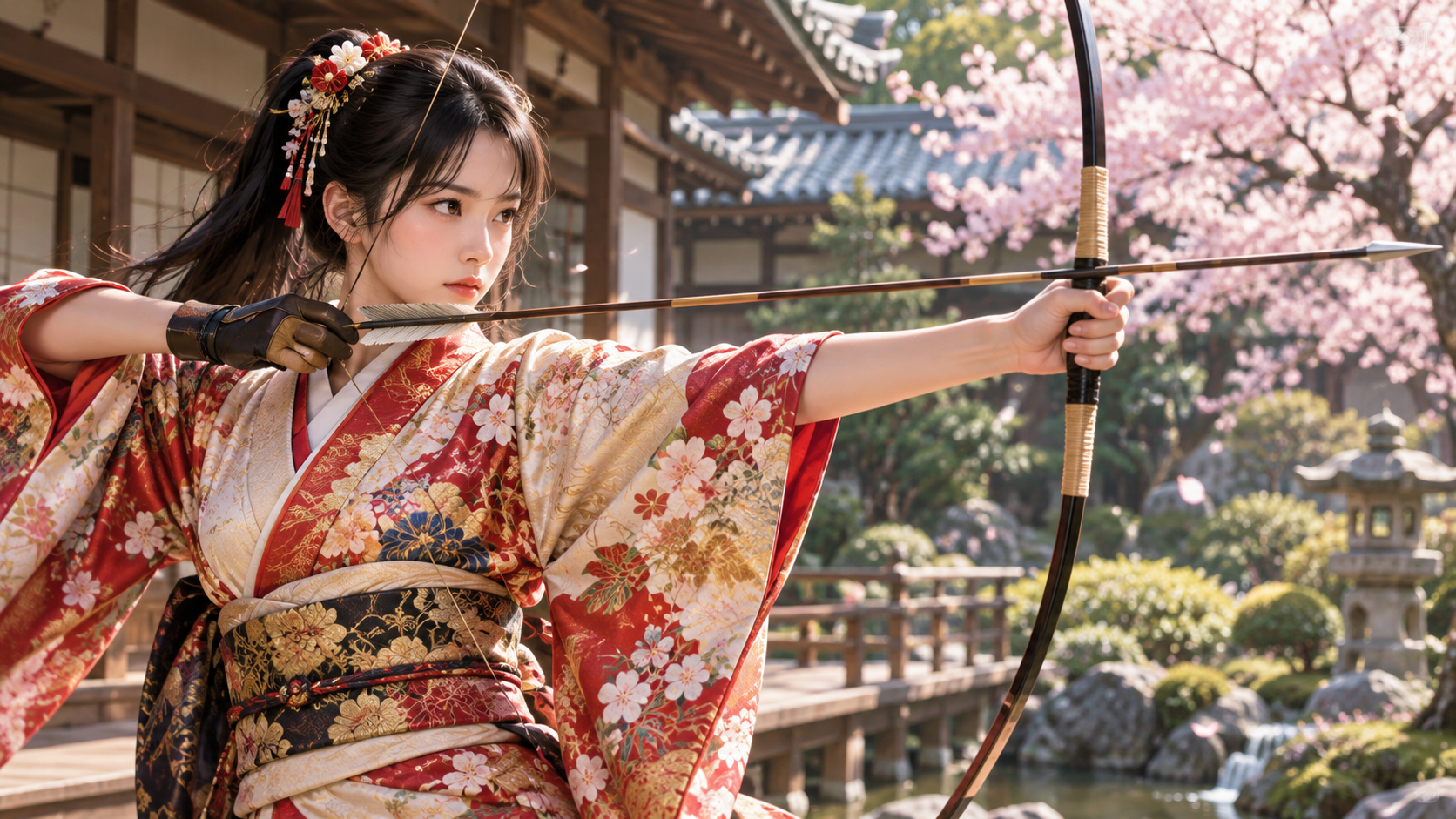打掛姿で弓を引く戦国の武家の姫のイメージ画