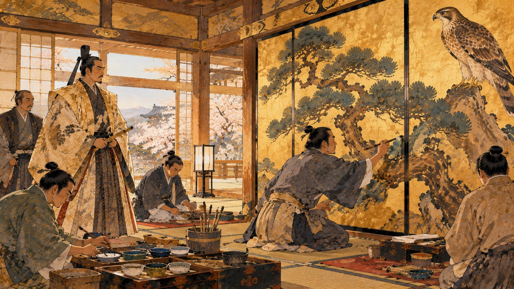 障壁画を描く絵師と見守る豊臣秀長（イラスト）