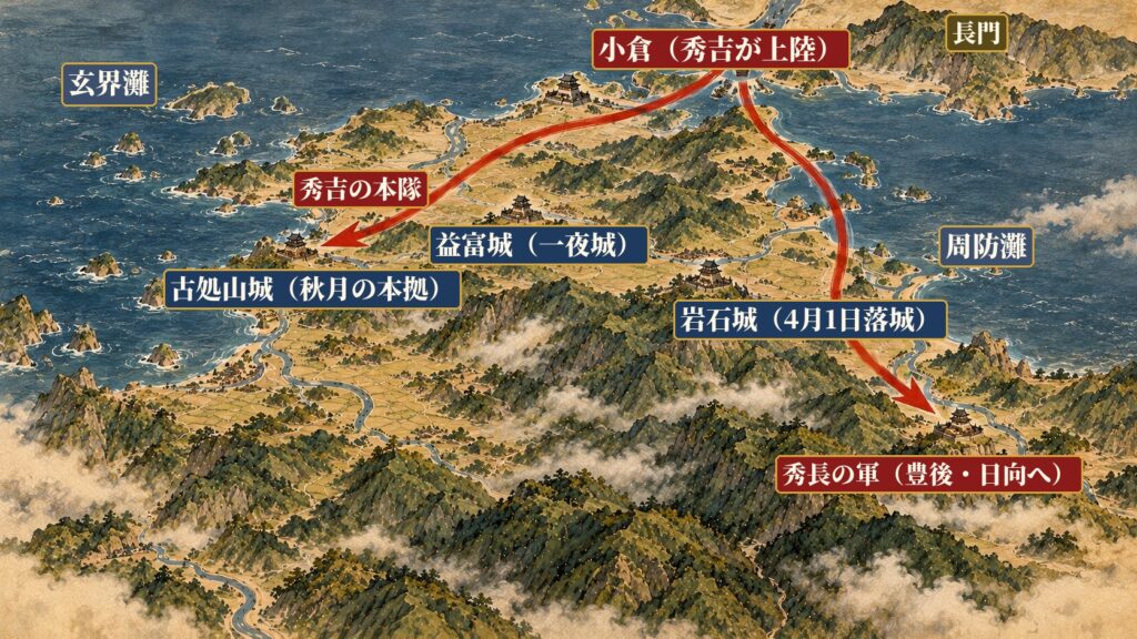 小倉・岩石城・益富城・古処山城の位置関係図