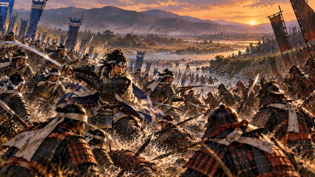 島津の伏兵に囲まれながら大太刀を振るう若武者のイラスト
