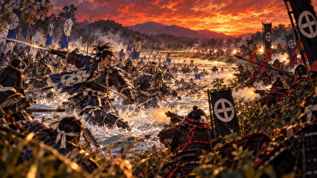 戸次川を渡った豊臣方の援軍に襲いかかる島津軍の釣り野伏せ