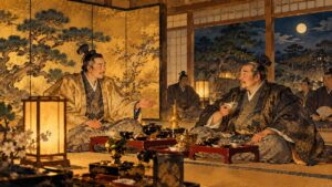豊臣秀長が自分の屋敷で上洛した徳川家康をもてなす様子を描いた日本画風イラスト