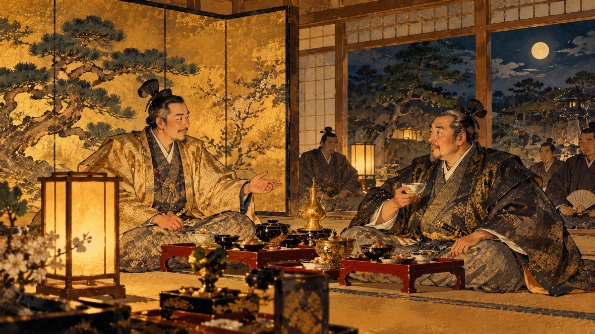 豊臣秀長が自分の屋敷で上洛した徳川家康をもてなす様子を描いた日本画風イラスト