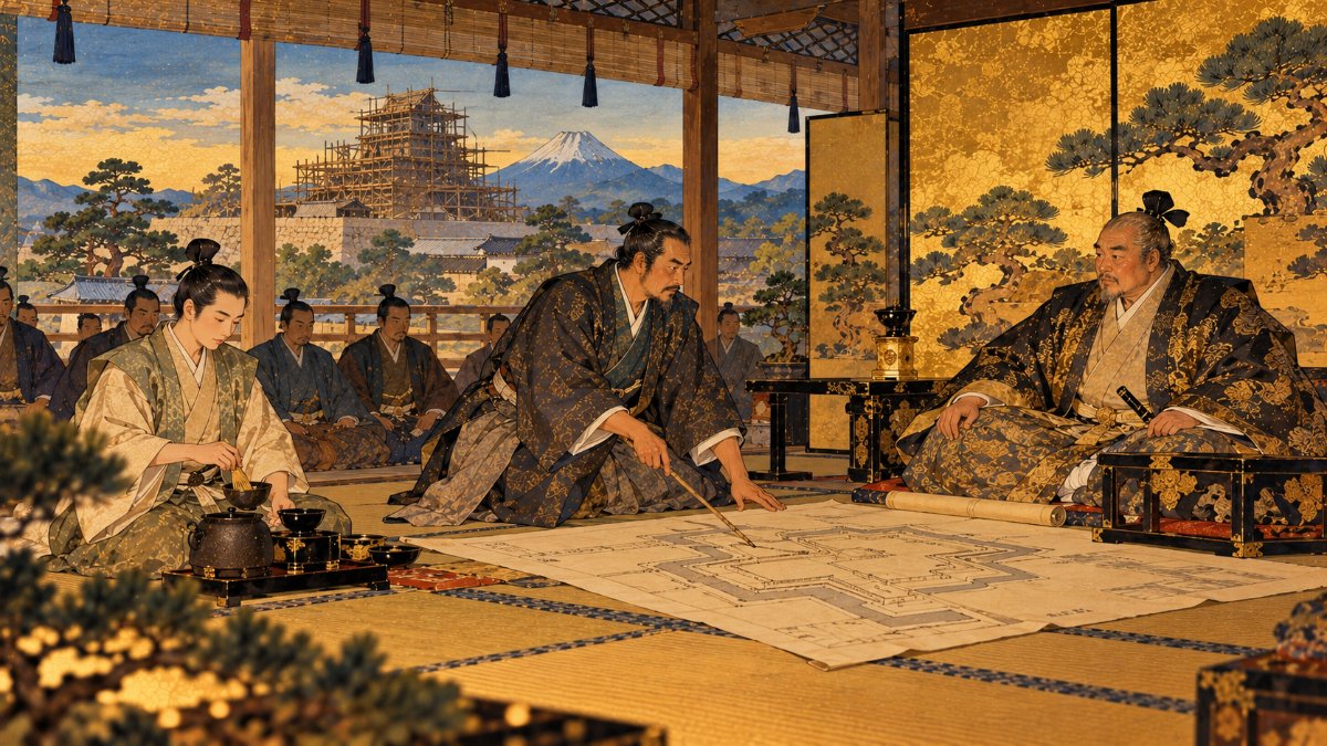 駿府城の座敷で徳川家康に藤堂高虎が城の縄張り図を説明し、小堀遠州が茶を点てる様子を描いた日本画風イラスト