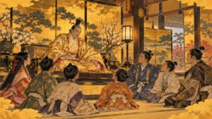金屏風の大広間で、豊臣秀吉が養子の少年少女や若者たちを迎えるイメージイラスト
