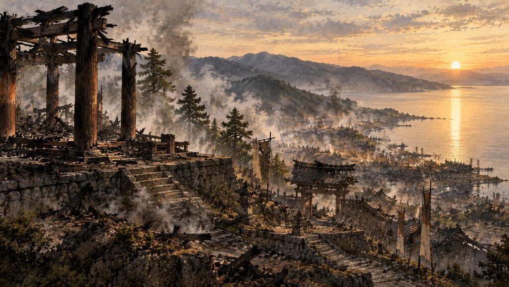 焼け焦げた堂の柱と石垣が残る山上から、朝日に光る琵琶湖を望むイラスト