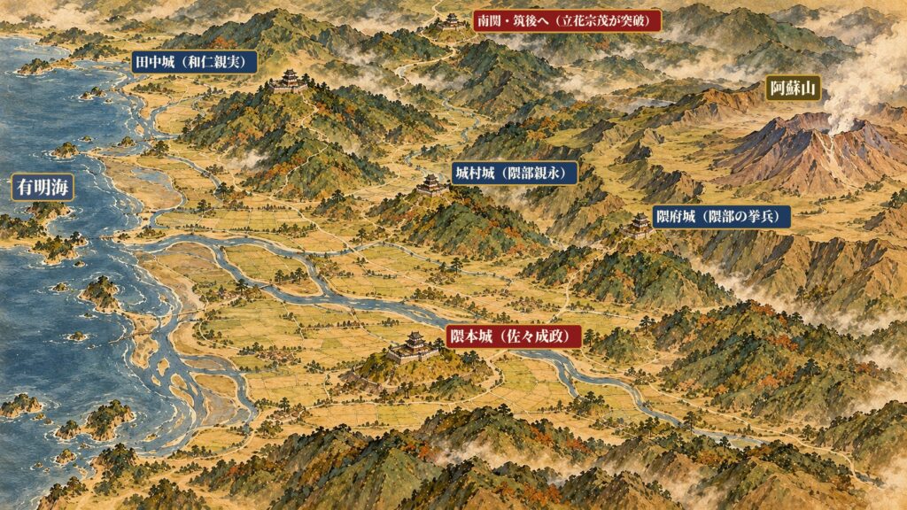 隈本城・隈府城・城村城・田中城・南関の位置関係図