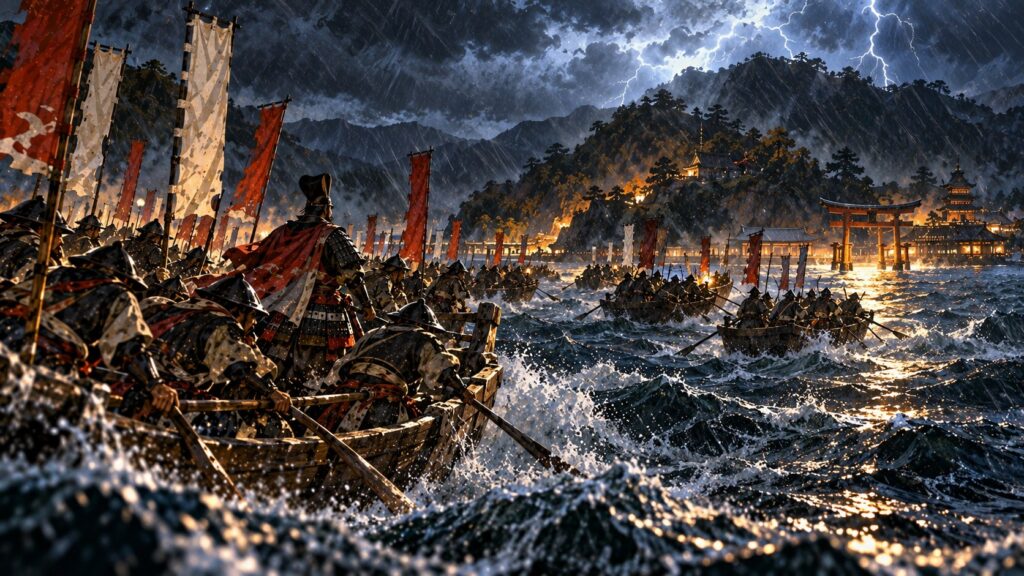 暴風雨の夜、小船で厳島へ渡る毛利元就の軍勢のイラスト