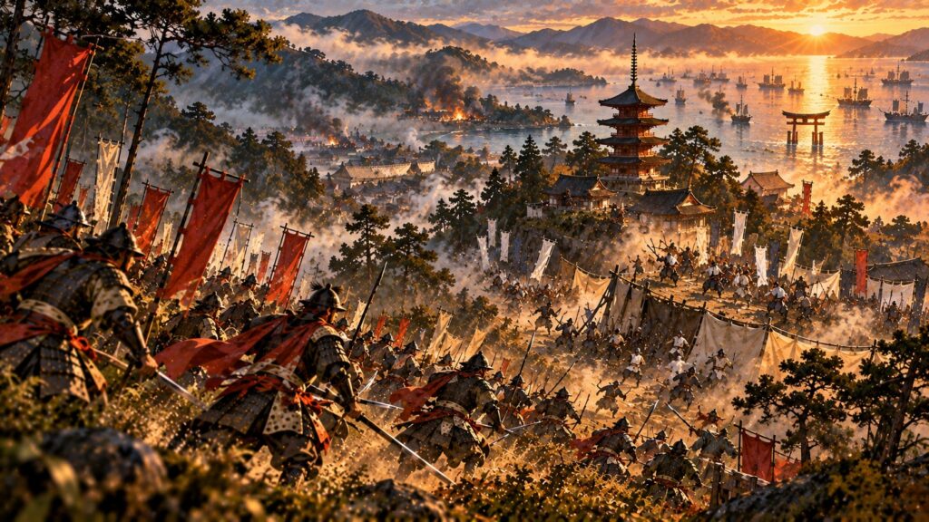 五重塔のある丘に陣を敷いた陶軍の背後を襲う毛利軍のイラスト