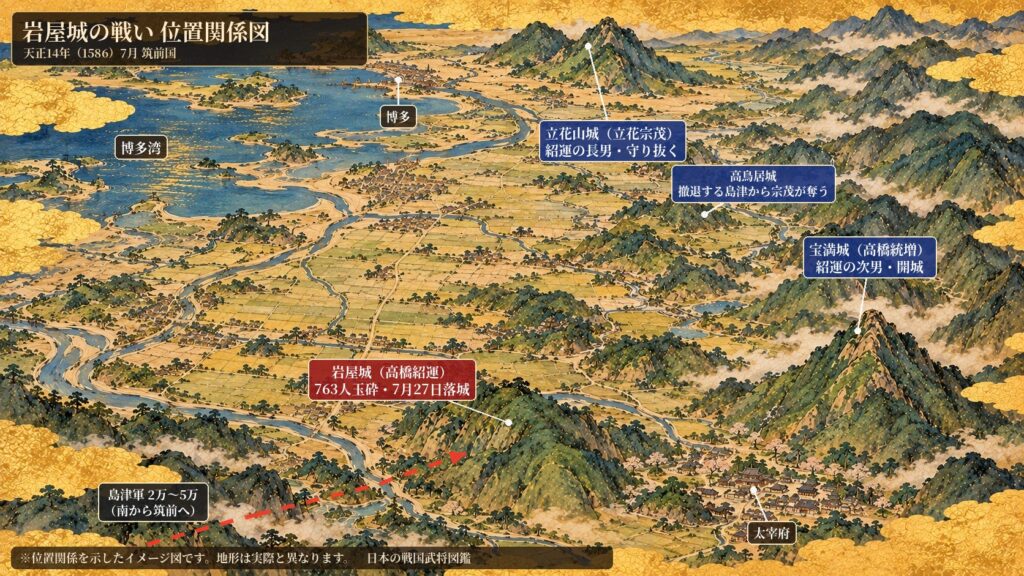 岩屋城・宝満城・立花山城の位置関係図