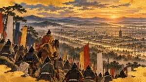峠の上から夕暮れの京都の町を見下ろす戦国大名の軍勢のイメージイラスト