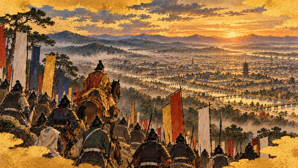 峠の上から夕暮れの京都の町を見下ろす戦国大名の軍勢のイメージイラスト