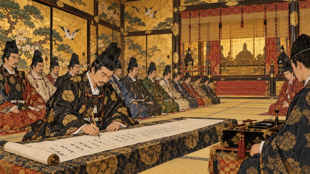 聚楽第行幸で起請文に署名する武将たちのイラスト
