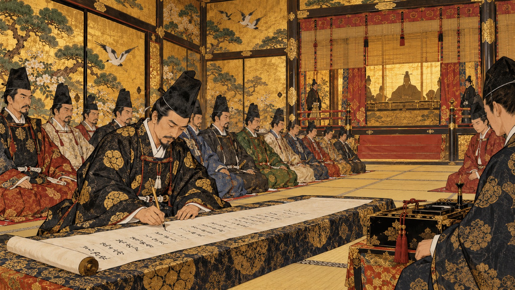 聚楽第行幸で起請文に署名する武将たちのイラスト