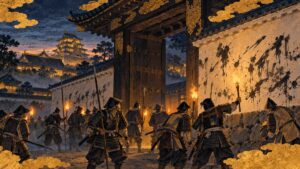 夜明け前の聚楽第の門のそばの白壁に書かれた落書きを見つけ、松明をかかげて騒ぐ番衆たちを描いた日本画風イラスト