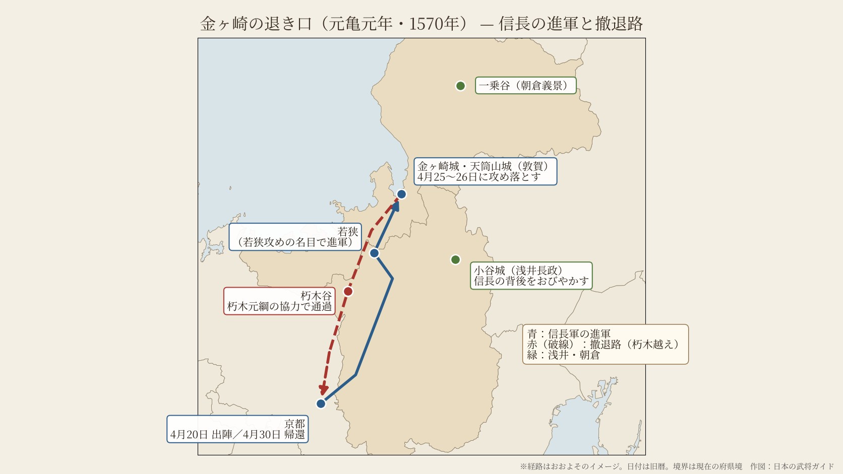 金ヶ崎の退き口の地図。京都から若狭を経て敦賀の金ヶ崎城へ進軍し、朽木谷を通って京都へ撤退した