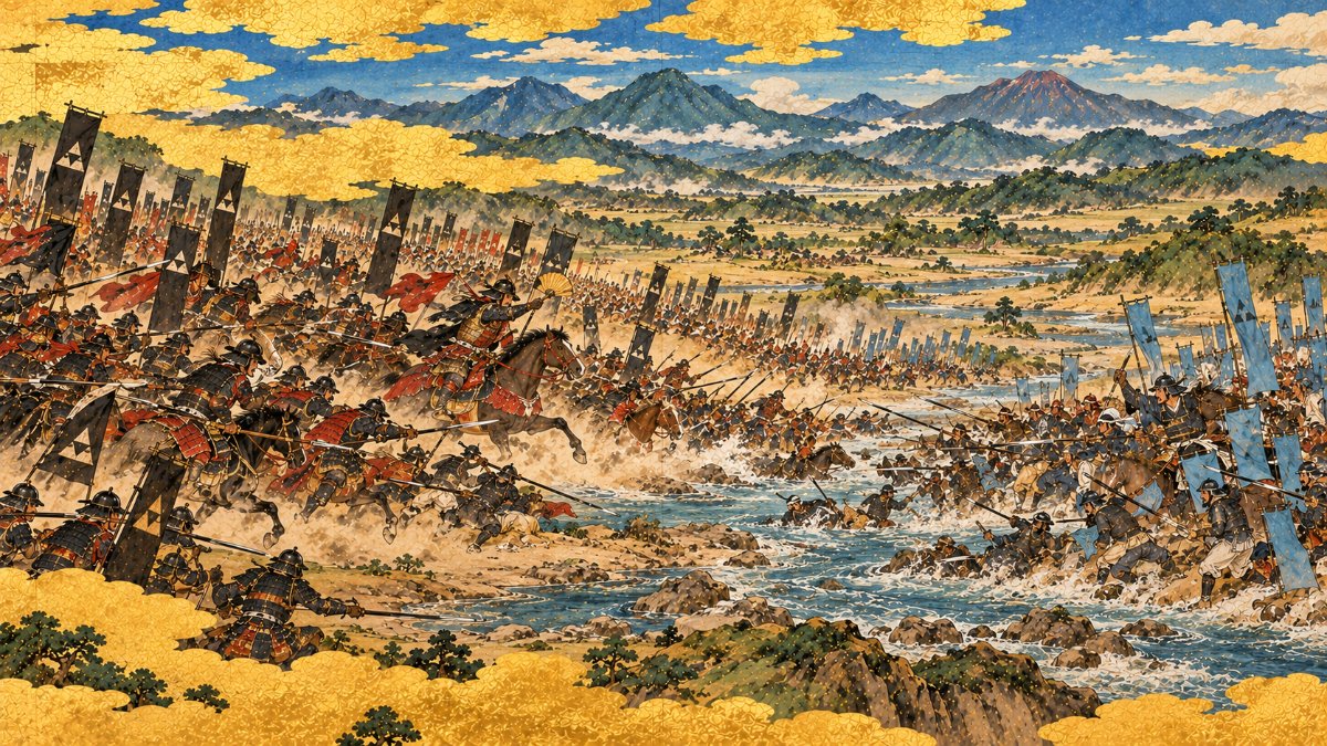 神流川の河原で北条の大軍を迎え撃つ滝川一益の軍を描いた日本画風イラスト
