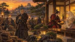 岡崎の屋敷で薪と松明を用意させる本多作左衛門と、大政所に茶を差し出す井伊直政のイメージイラスト