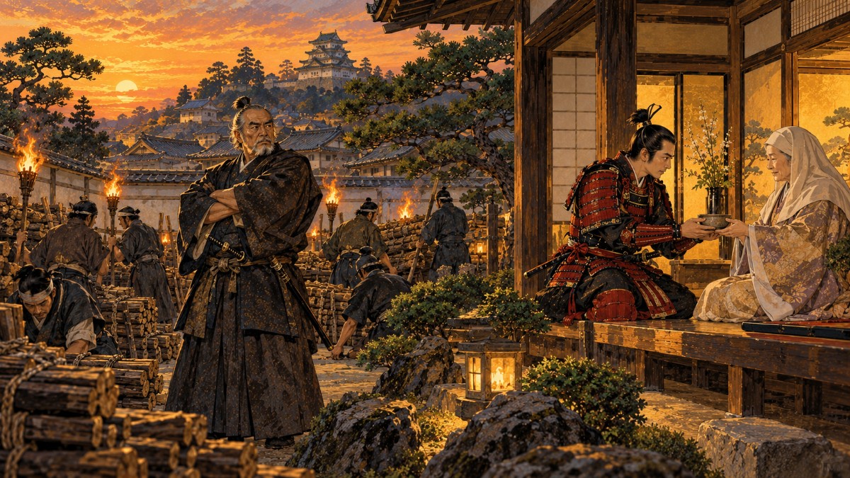岡崎の屋敷で薪と松明を用意させる本多作左衛門と、大政所に茶を差し出す井伊直政のイメージイラスト