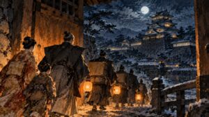 月夜に岡崎城を出奔する石川数正の一行（イラスト）